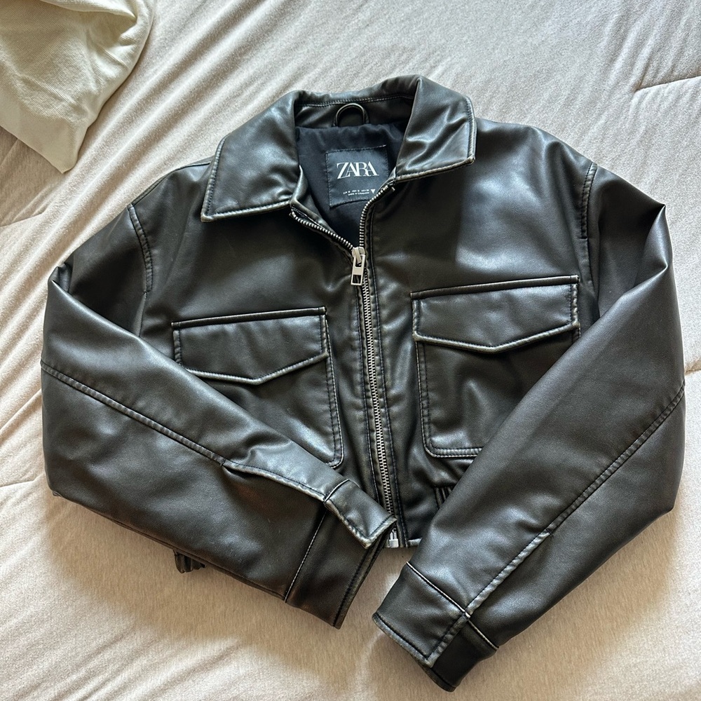 ZARA Brown Faux Leather Cropped Jacket